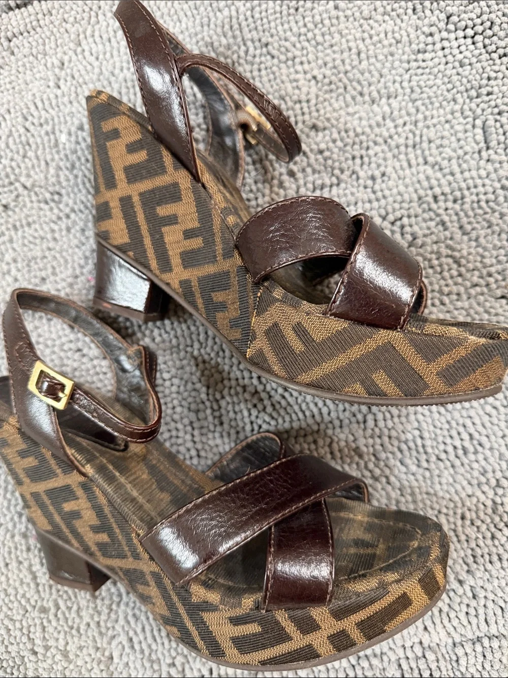 Fendi Brown Logo Canvas and Dark Brown Leather Wedge Sandals size 36 1/2 6 1/2 - Picture 6 of 6